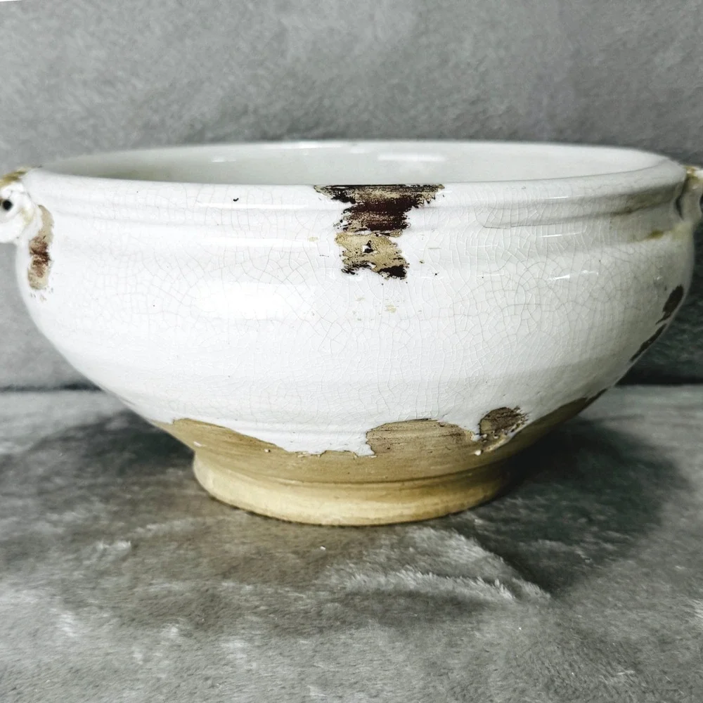 Rustic White Crackle Glaze Stoneware Bowl Planter Farmhouse Cottagecore Decor